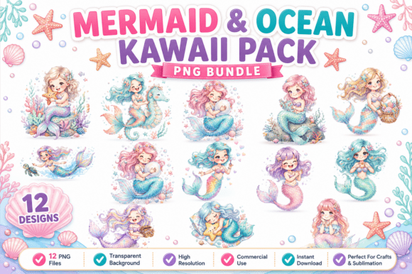 Download Mermaid &amp; Ocean Kawaii PNG Bundle - Ocean Collection