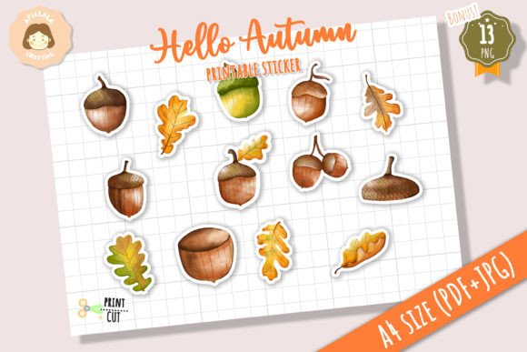Download Fall Acorn - Oak Leaves Printable Sticker - Acorn Collection