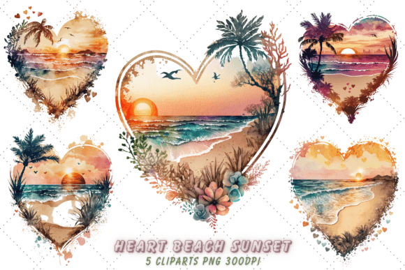 Download Heart Beach Sunset Watercolor Clipart - Heart Collection